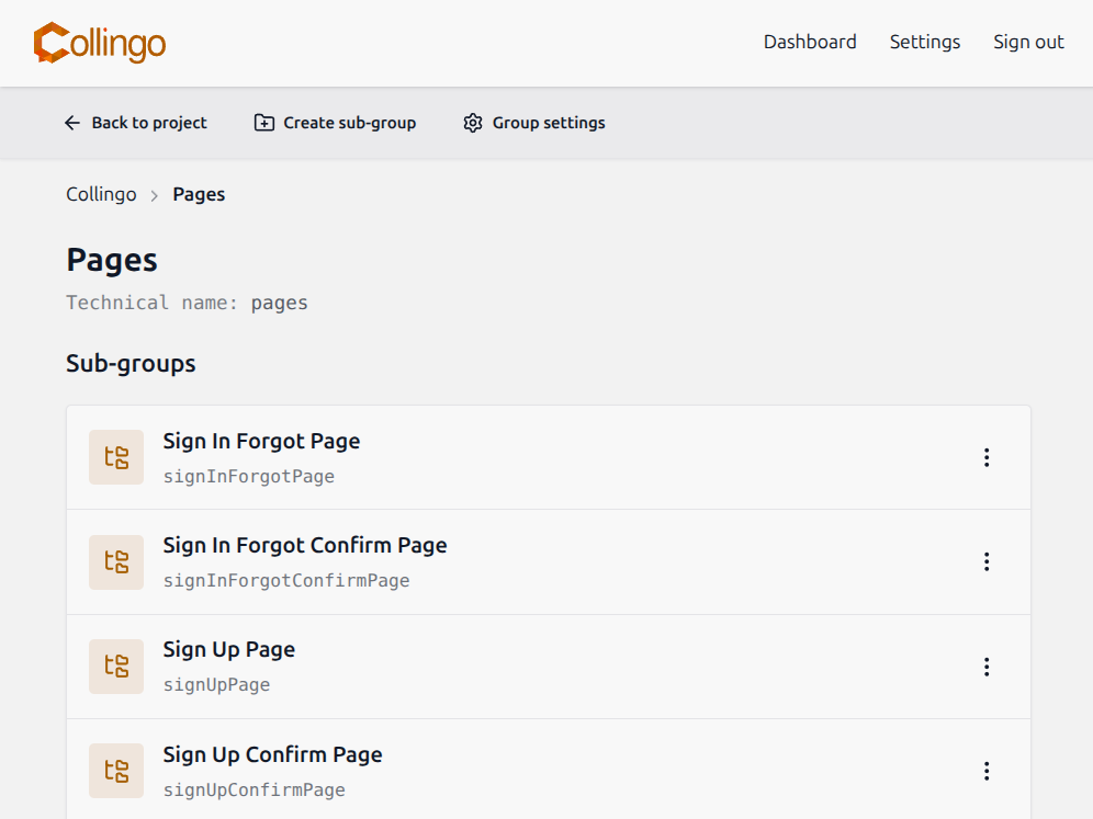 Screenshot of a Collingo group page with subgroups